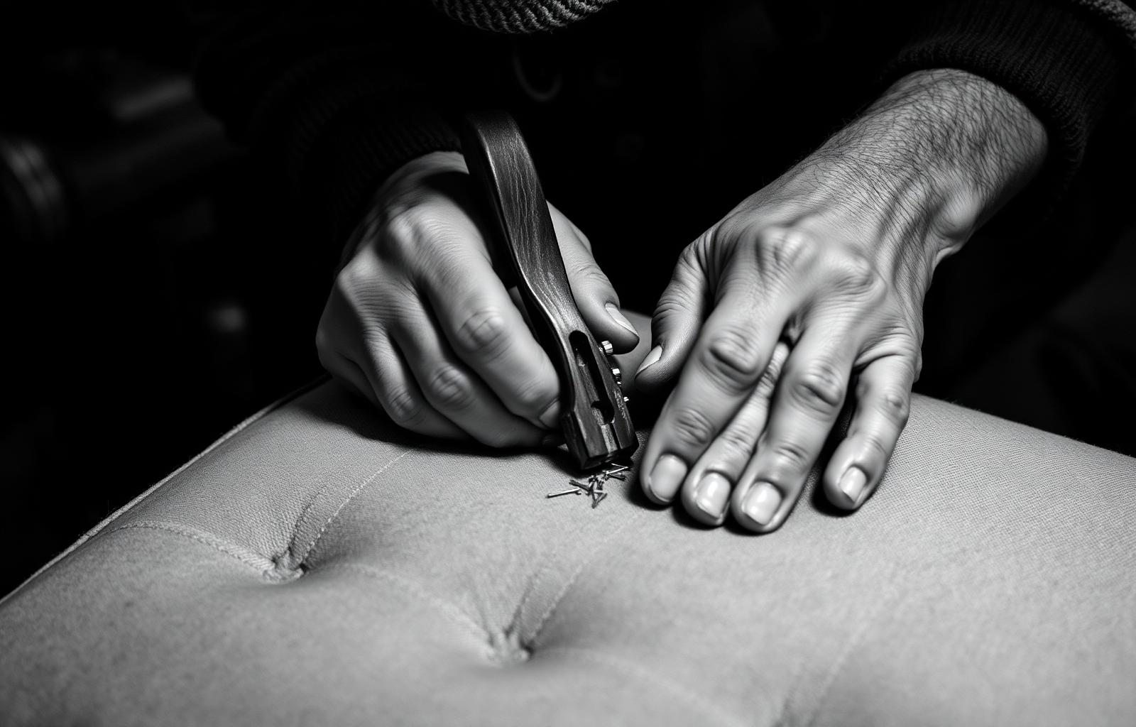 Hands of an upholsterer at work